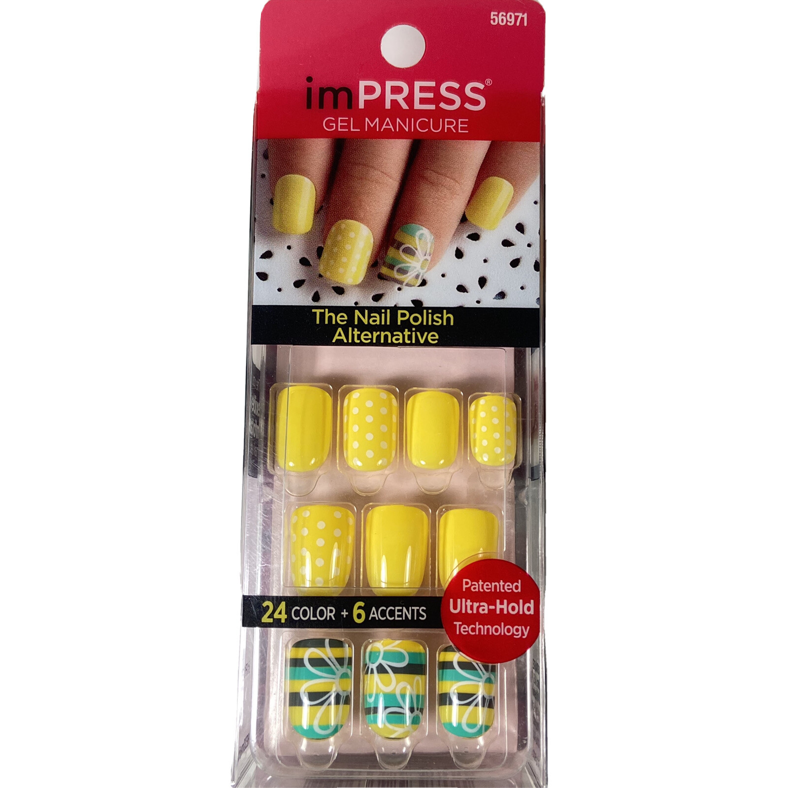 RARE Kiss Nails Impress Press On Manicure Short Gel Yellow White Floral Striped