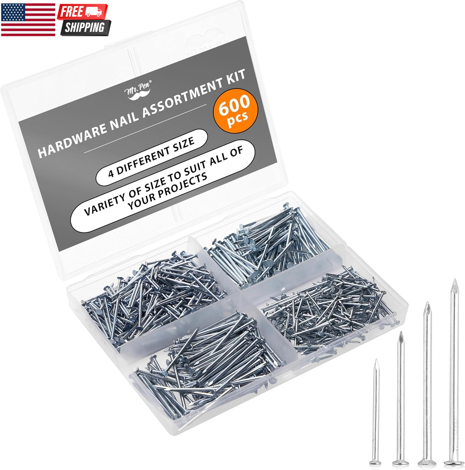 – Nail Assortment Kit, 600 Pcs, 4 Sizes, Silver, Small Nails for Hanging Picture