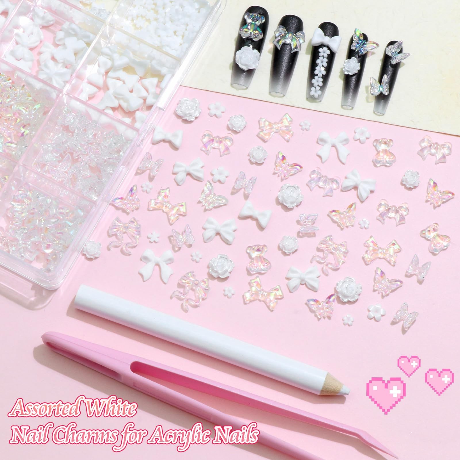 3D Nail Charms Set White Assorted Butterfly Flower Bear Charms for Nails Acry…
