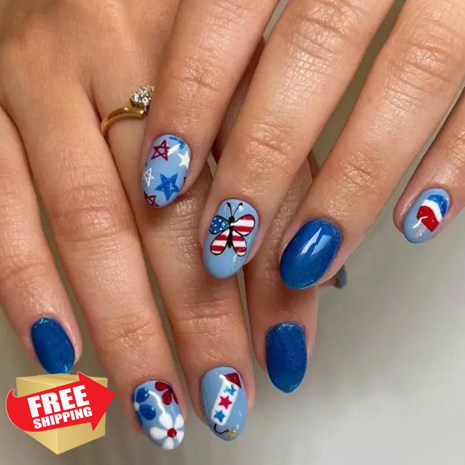 Maigitur Press on Nails Medium Oval N25 Star Flower Butterfly