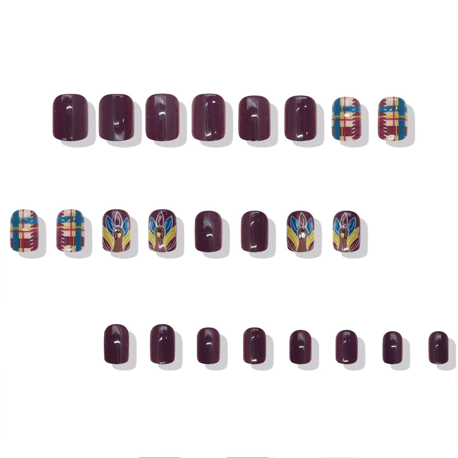 Fall Press on Nails Short Fake Nails with Designs Turkey Stick on Nail Purple…