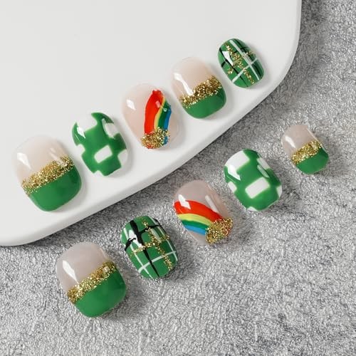 St. Patrick’s Day Press On Nails Extra Short L Green & Gold Rainbow Starlight
