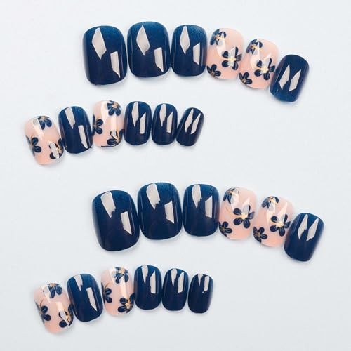 Spring Press on Nails – Blue Flower Short Square Fake Nails – Gold Foil Pattern4