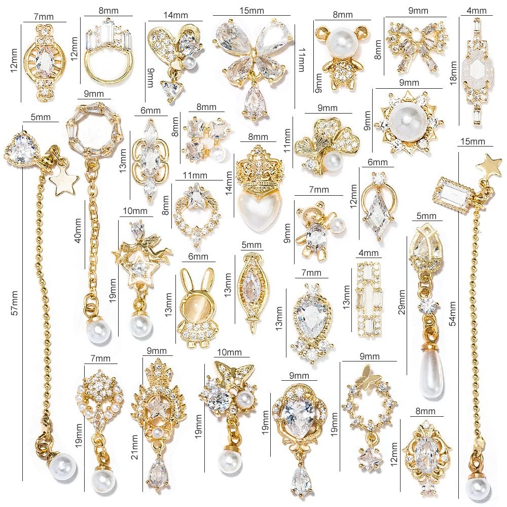 30Pcs 3D Nail Art Charms – Crystal Pearl, Zircon Dangle Rhinestones, Nail Gems &