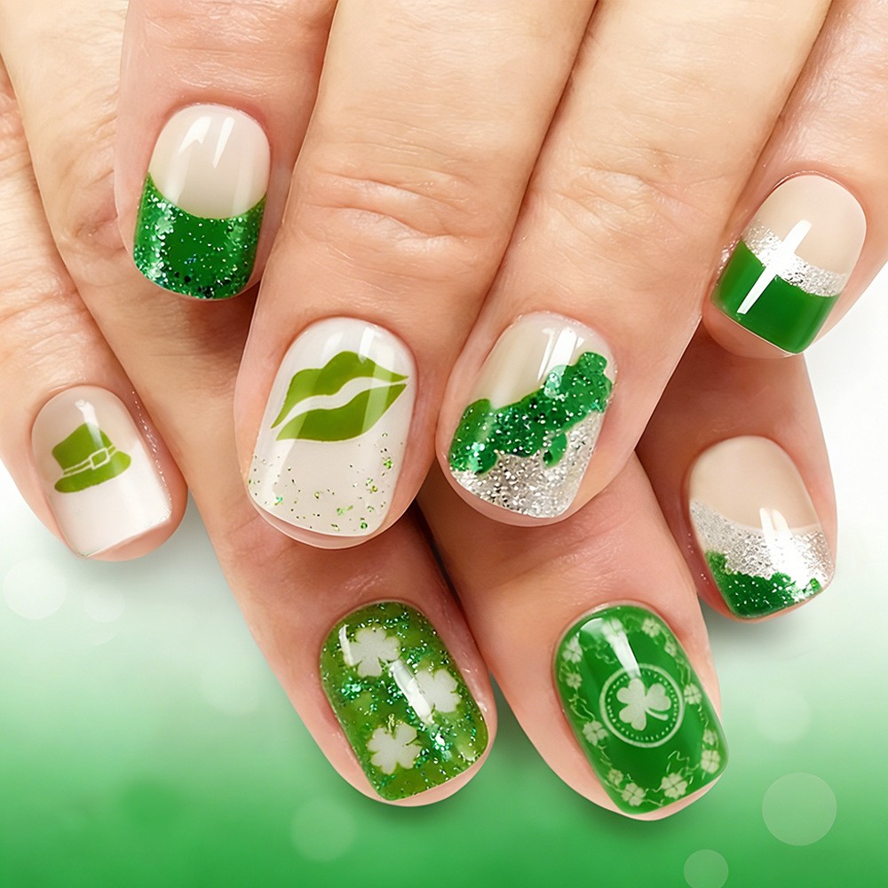 24pcs Green Clover French Press-On Nails. Detachable, Fresh & Festive for Women