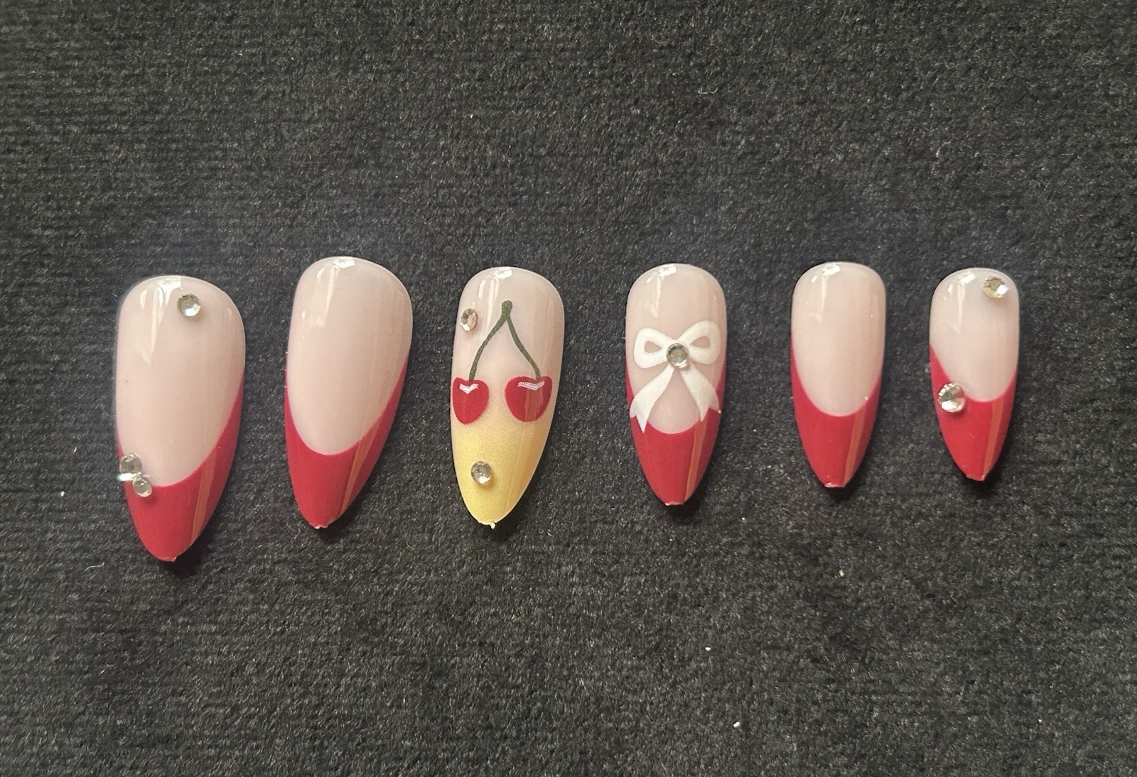 Red French Almond Medium Press-On Nails 3D Cherry Bow Heart Design Full Cover