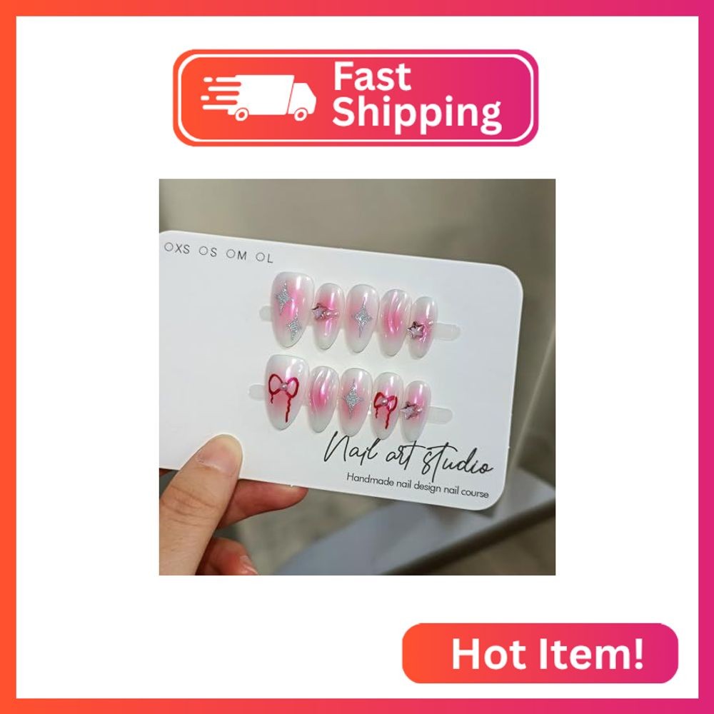 TENPAL Handmade Press On Nails Almond-Aurora Pink Acrylic Soft Gel Finished Reus