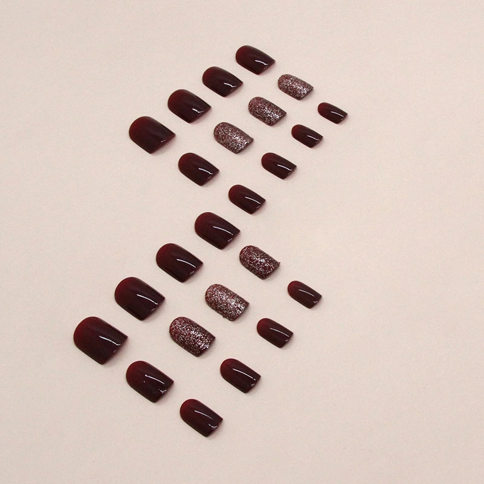 Press on Nails – Short Square Fake Nails with Burgundy, Acrylic Bling Glitter
