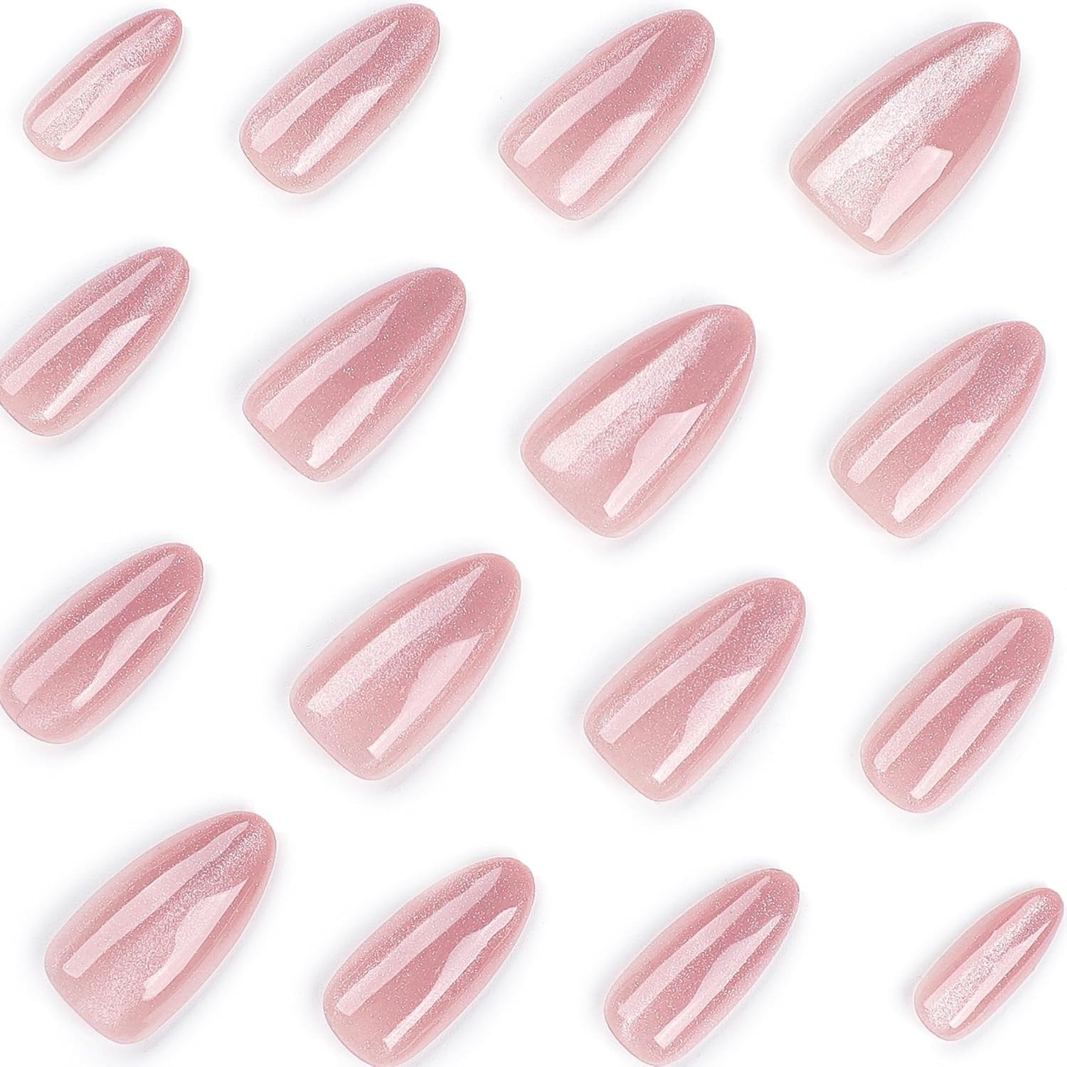 24 Medium Almond Glossy Pink Fake Nails with Glitter – Perfect for Any Occasion