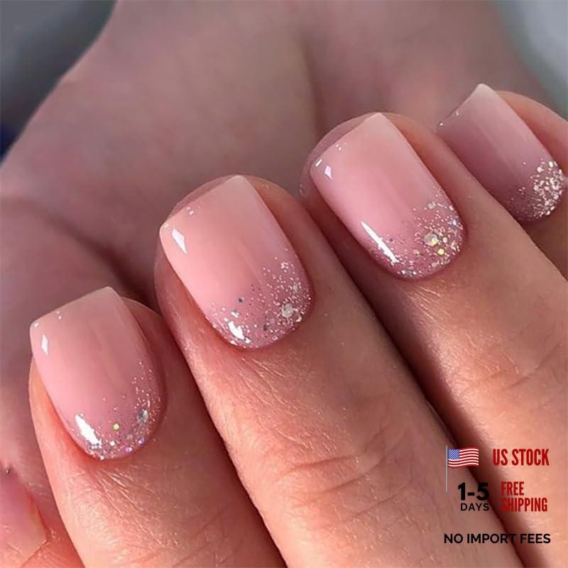 Nude Pink Press on Nails – Short Square Round – Base Glitter Design – Reusable