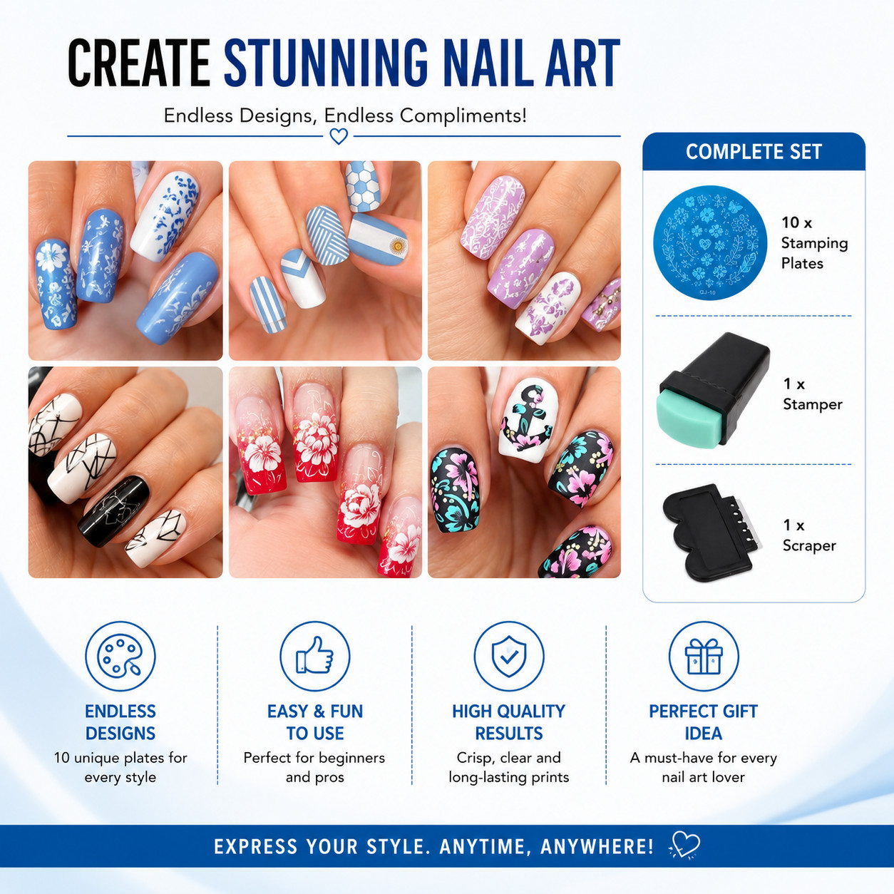 10PCS Nail Art Stamping Kit Image Template Plates, Polish Stamper & Scraper Set