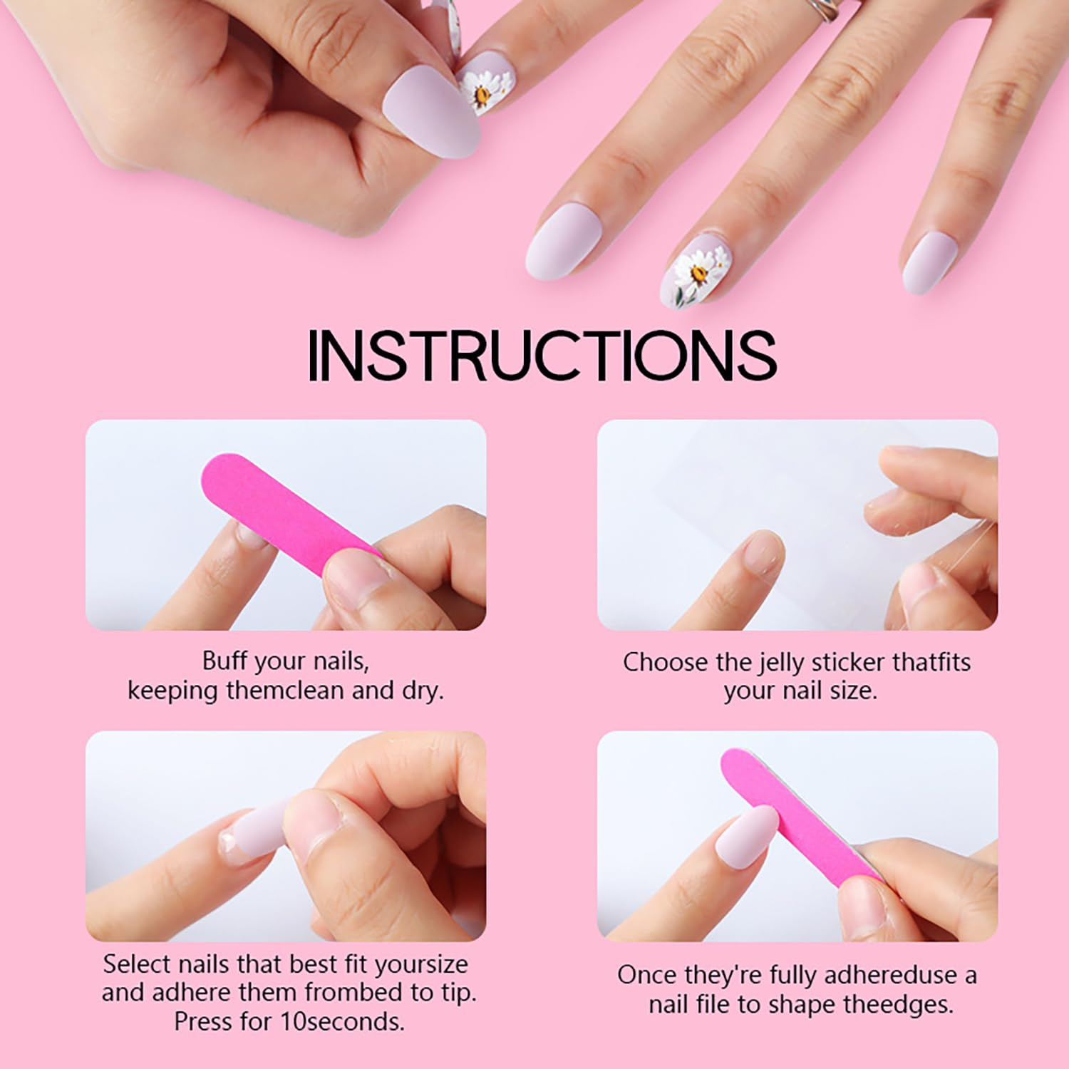 Press on Nails Medium Length Almond Shaped 3D Flower False Nails with Gold Rhine