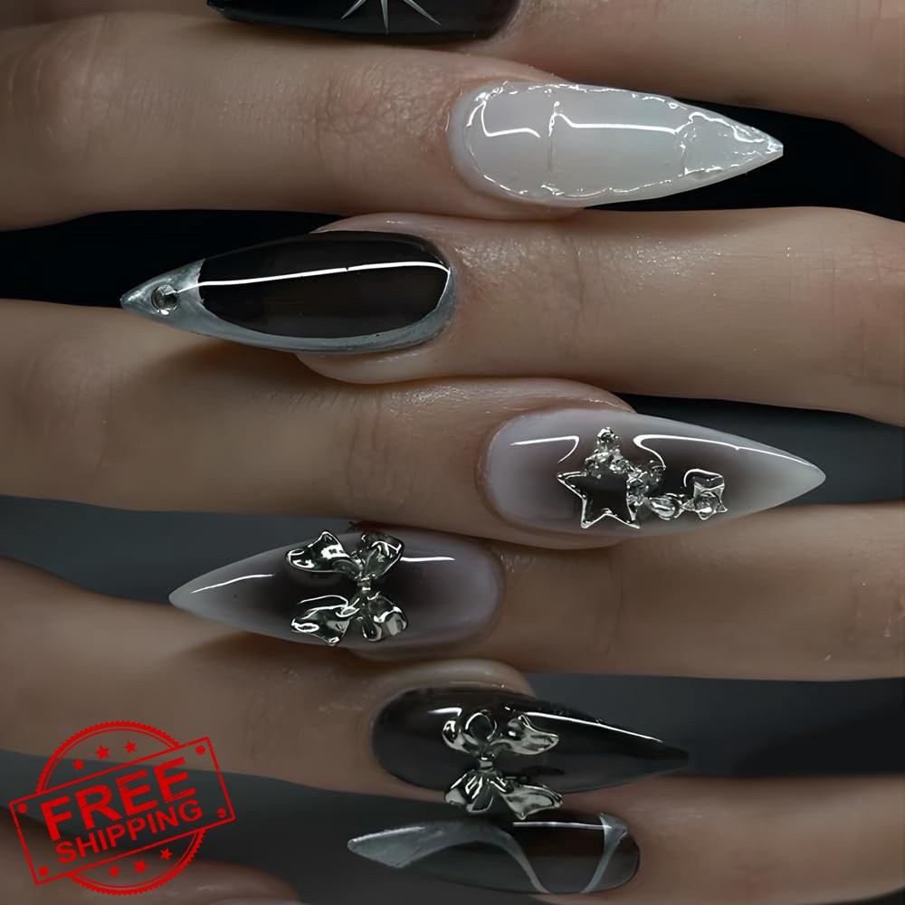 SWEKKE Black Ombre Almond Press on Nails