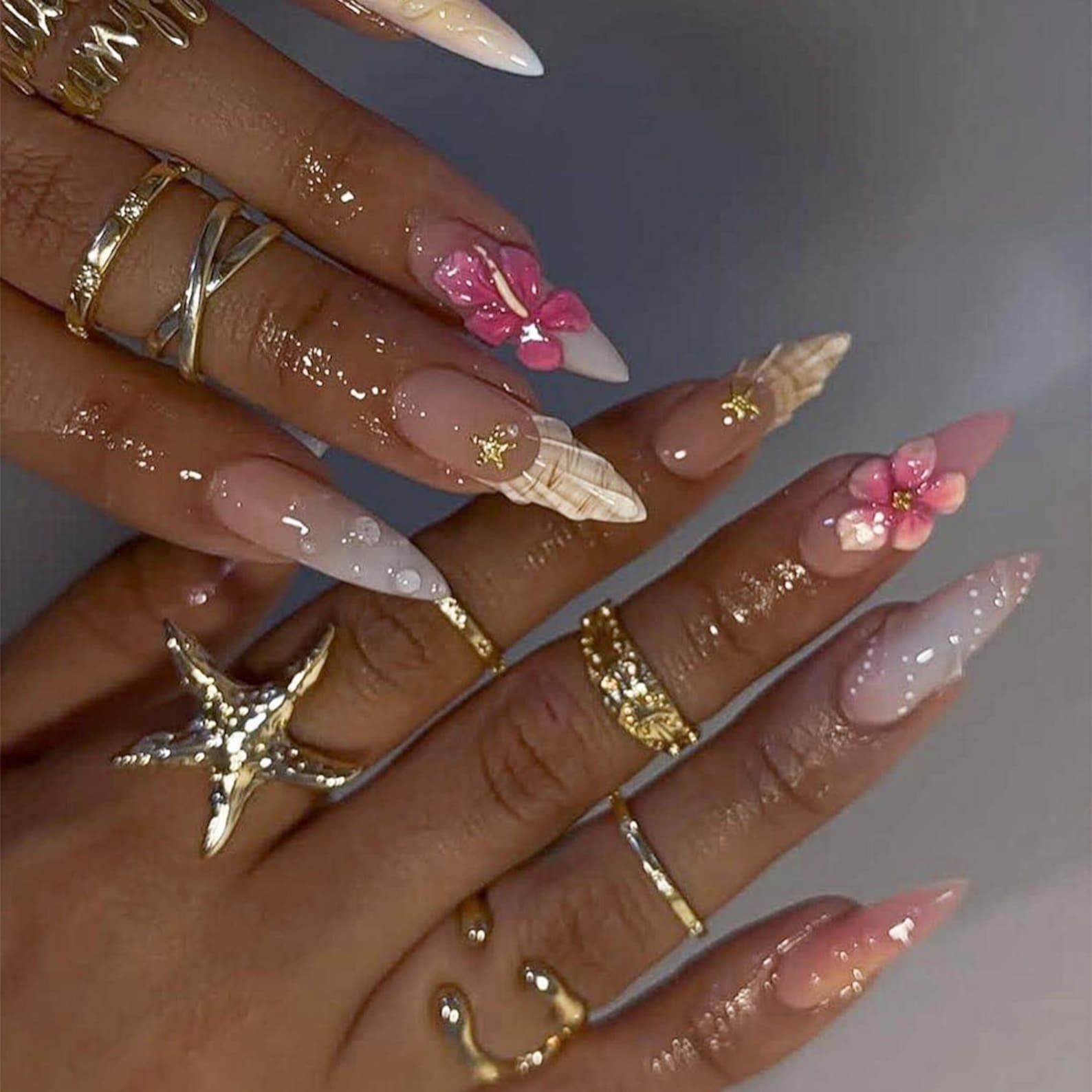 Handmade 3D Plumeria Shell Star Glitter Gradient Long Stiletto Press on Nails
