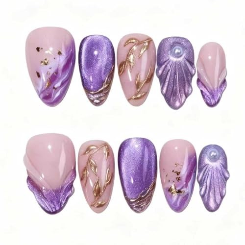 Almond Press on Nails Short Purple Fake Nail3D Charm Acrylic Nail Press Color11