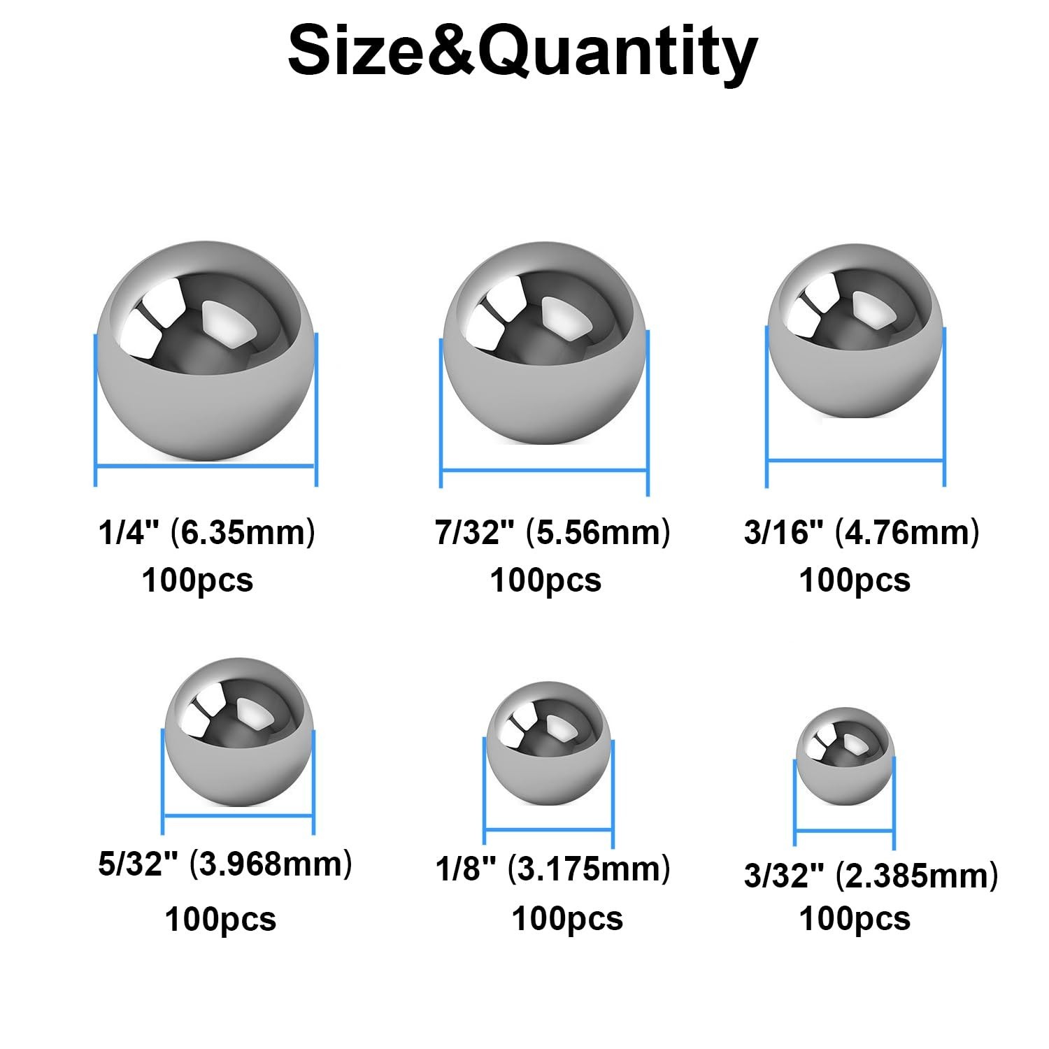 600 Piece 6 Sizes Assorted Loose Bicycle Bearing Balls 1/4″ 7/32″ 3/16″ 5/