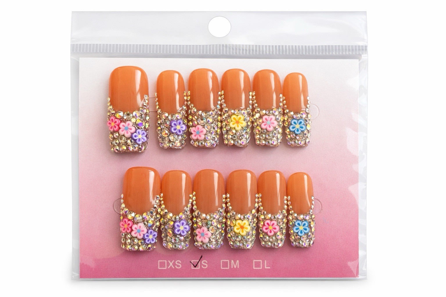 Press On Nails Long Square, French Tip Nude w/Rhinestones, Size: S, Hand Made
