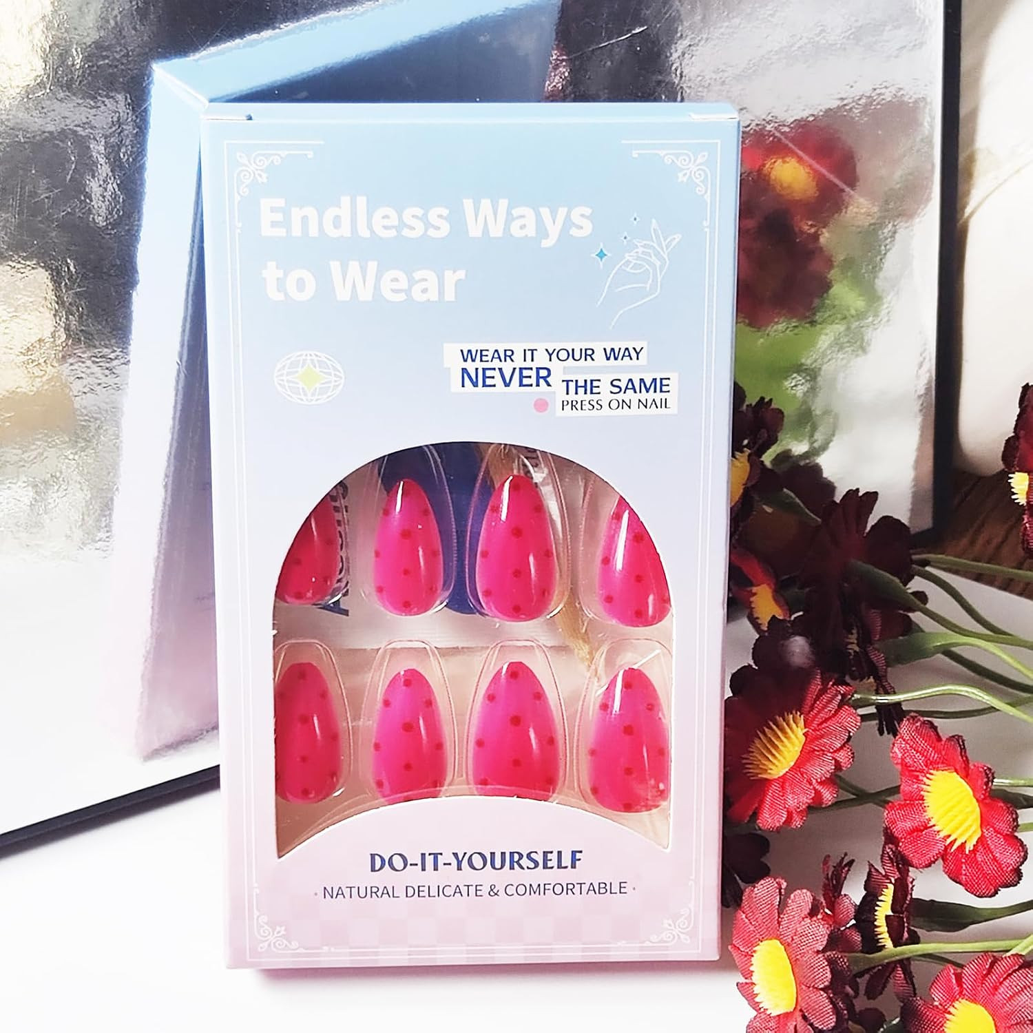 24Pcs Rose Red Press on Nails,Short Oval Fake Nails with Brown Polka Dots Design