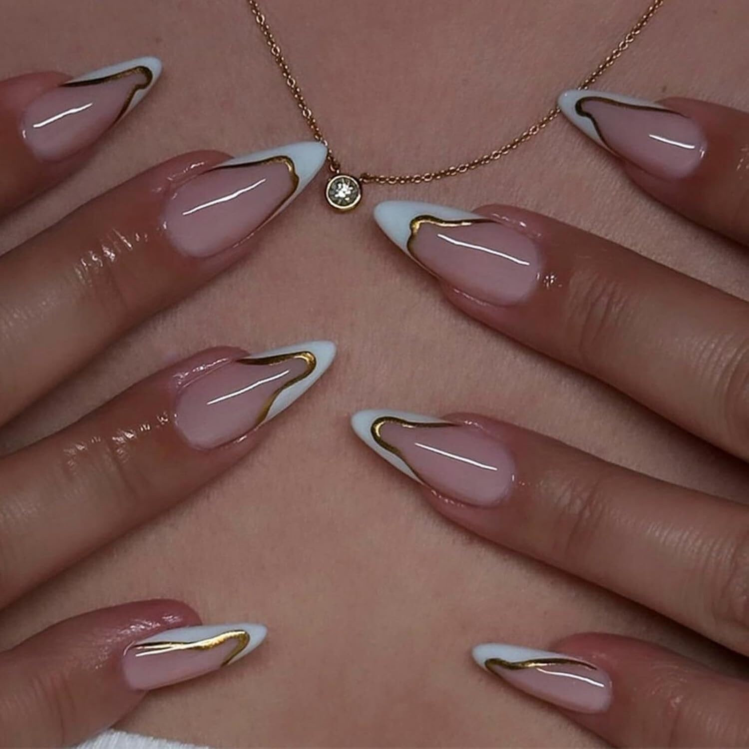 White French Tip Press On Nails Medium Almond 5D Flower Pearl Fake Nail Set