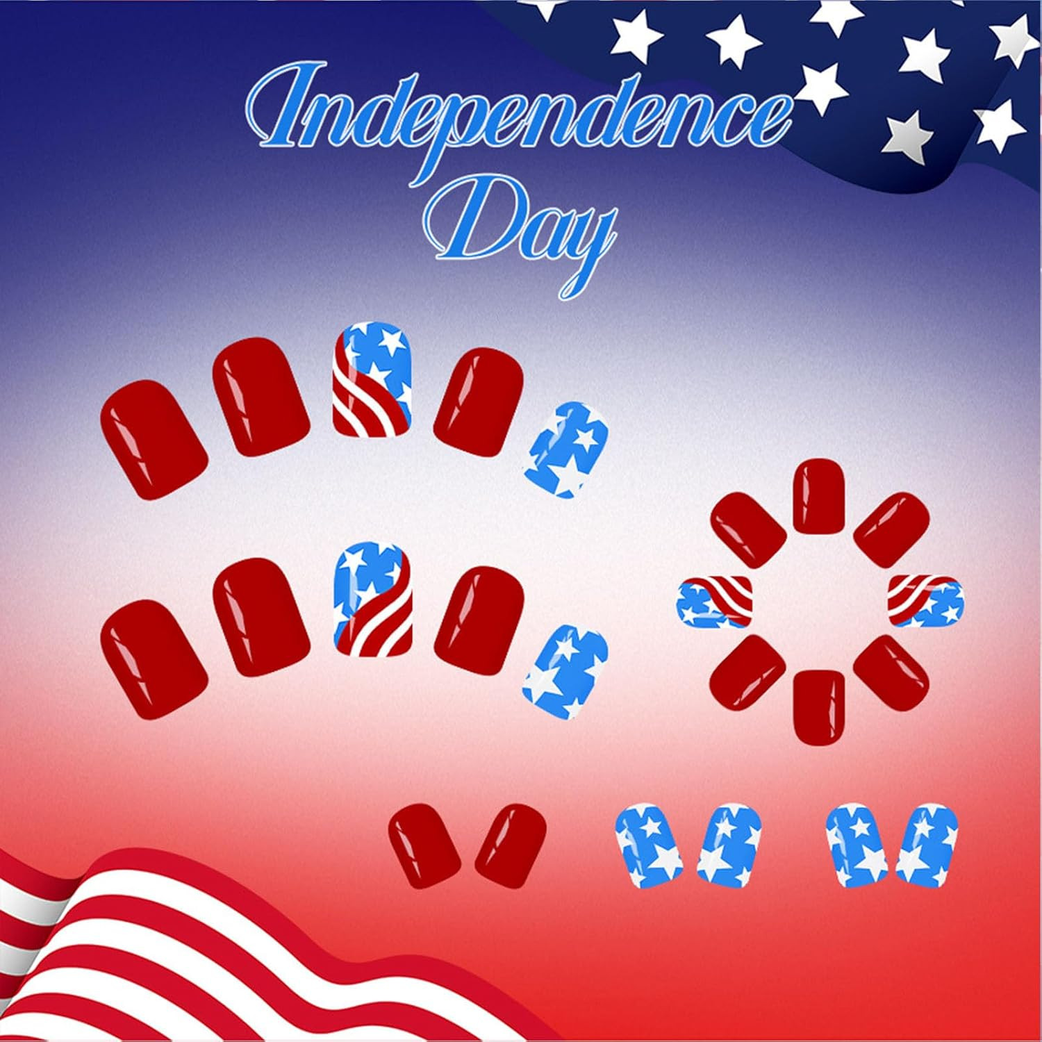 4Th of July Press on Nails Short Square Fourth of July Fake Nails with Stars Red