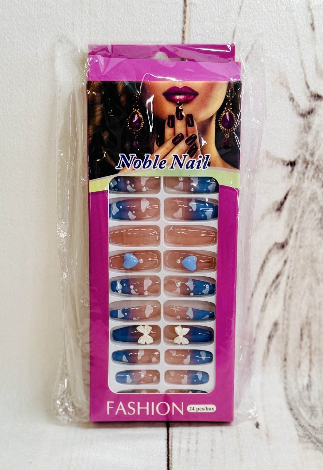 NEW False Nail Sets Press Ons Glue Nails Ombre Blue French Cloud Clear Bows Bow