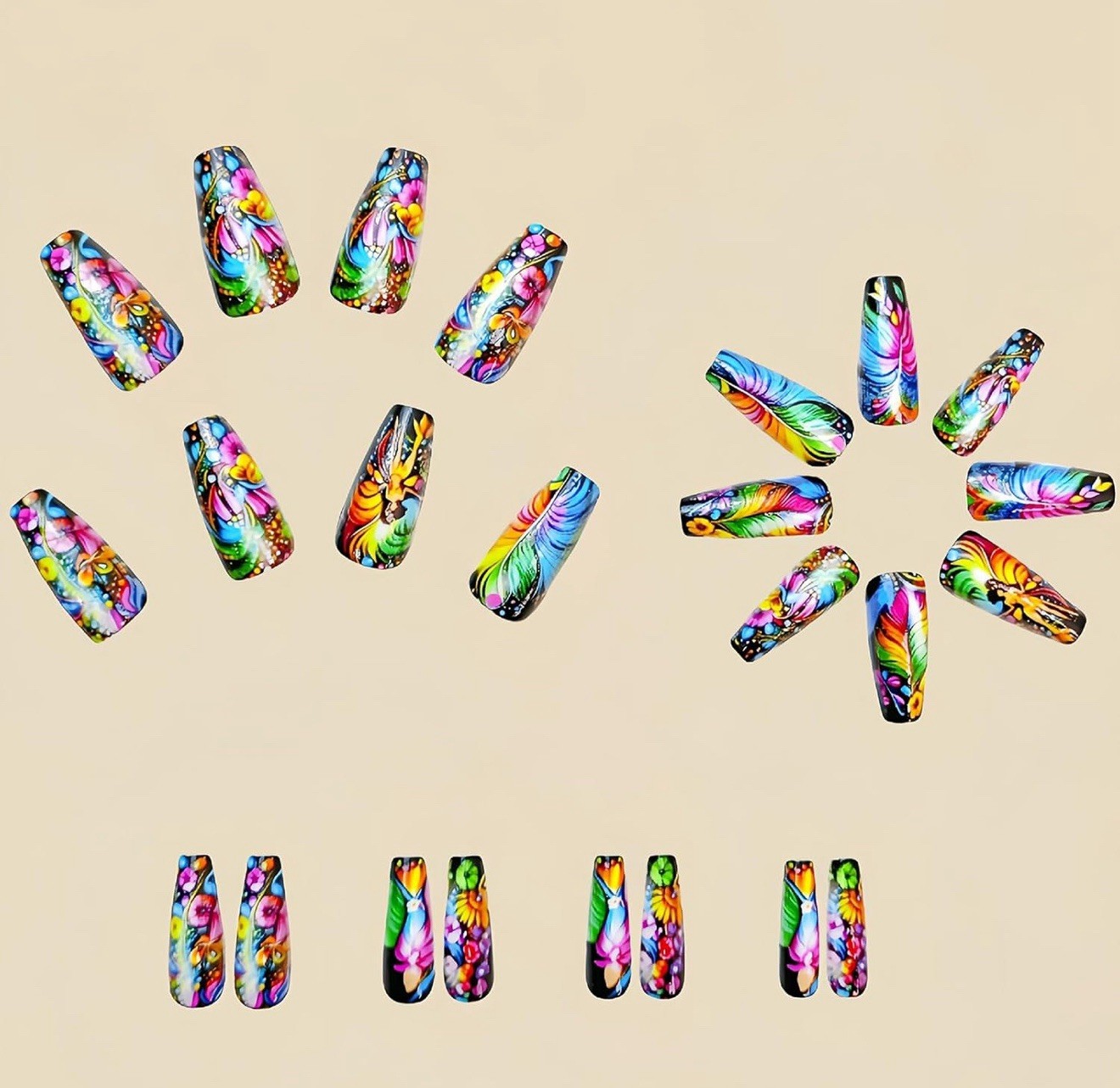 Press On Nails Coffin Fake Nails Feather Stick On Nails Abstract Glue On Nails24
