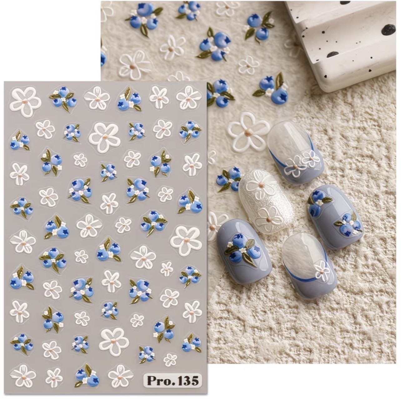 Nail Stickers 5D Embossed Blueberry White Flower Decals Spring Summer DIY Pro135