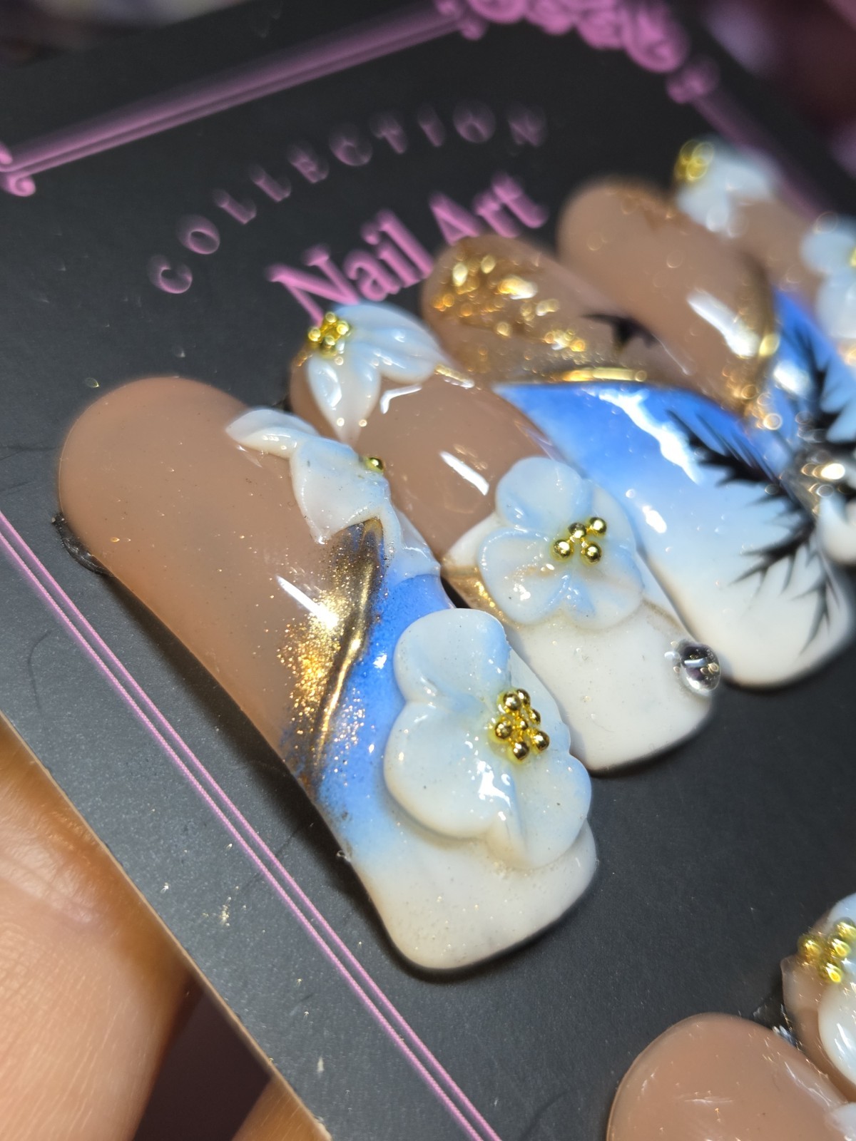 Press-On Nails Handmade medium Curvenails Blue,summertime, Beach,palm Trees