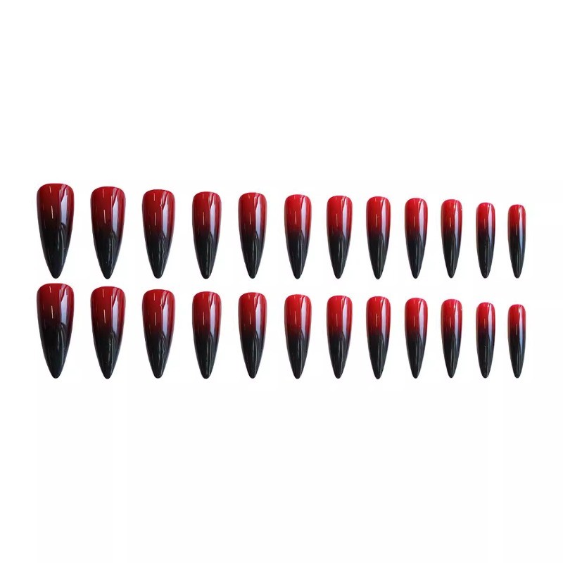 48Pcs-Long Stiletto Red Black Reverse Gradient Glossy Press on Nails