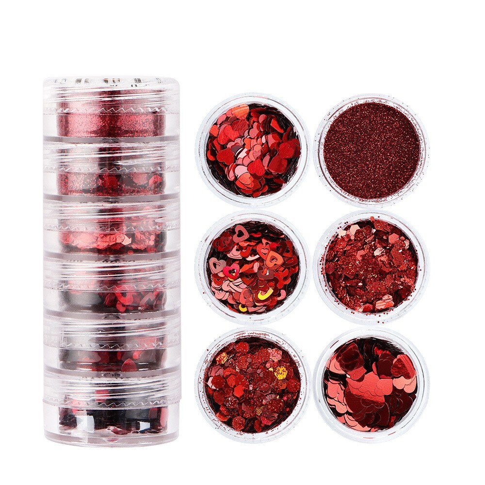 6 Pots Red Nail Art Powder Sequins Set for Valentine’s Day Glitter Flakes DIY De