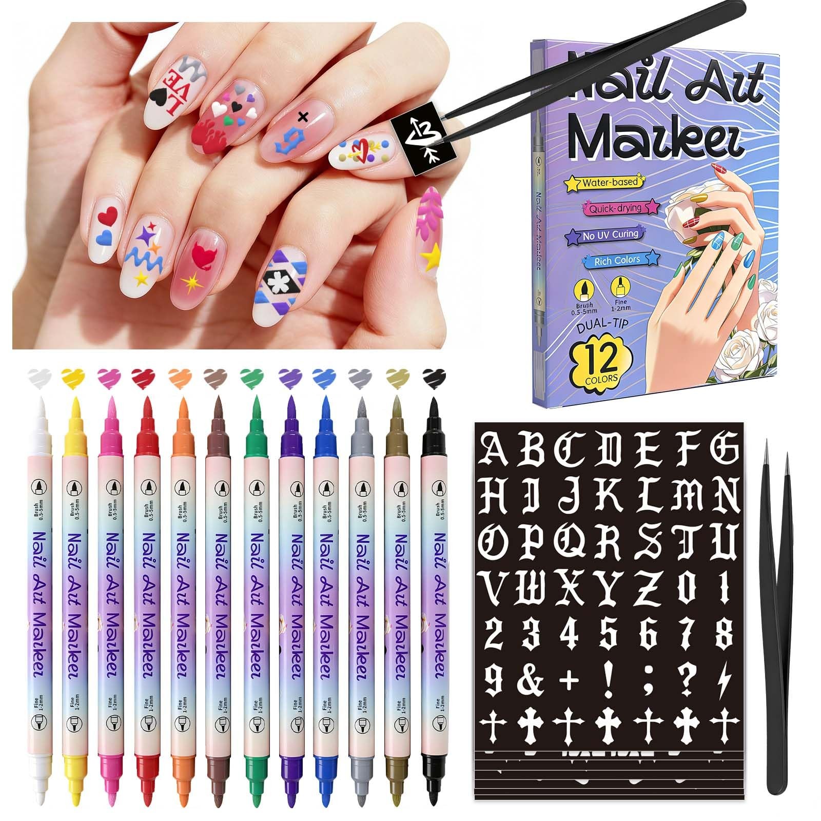 Nail Art Acrylic Marker Pens with Stencils, 12 Colors Dual-Tip Water-Based Ma…