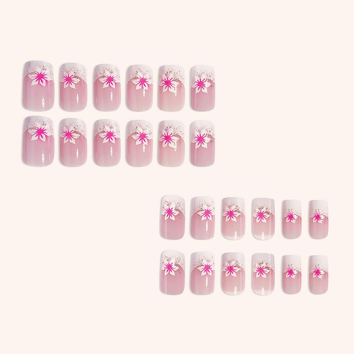 24pcs French Tip Press On Nails – Short Square Pink Flower Fake Multicolor