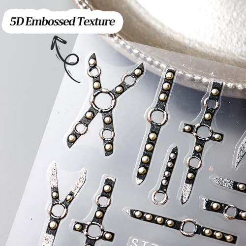 4 Sheets Black Punk Belt Nail Stickers Decals Goth Nail Charms 5D Embossed