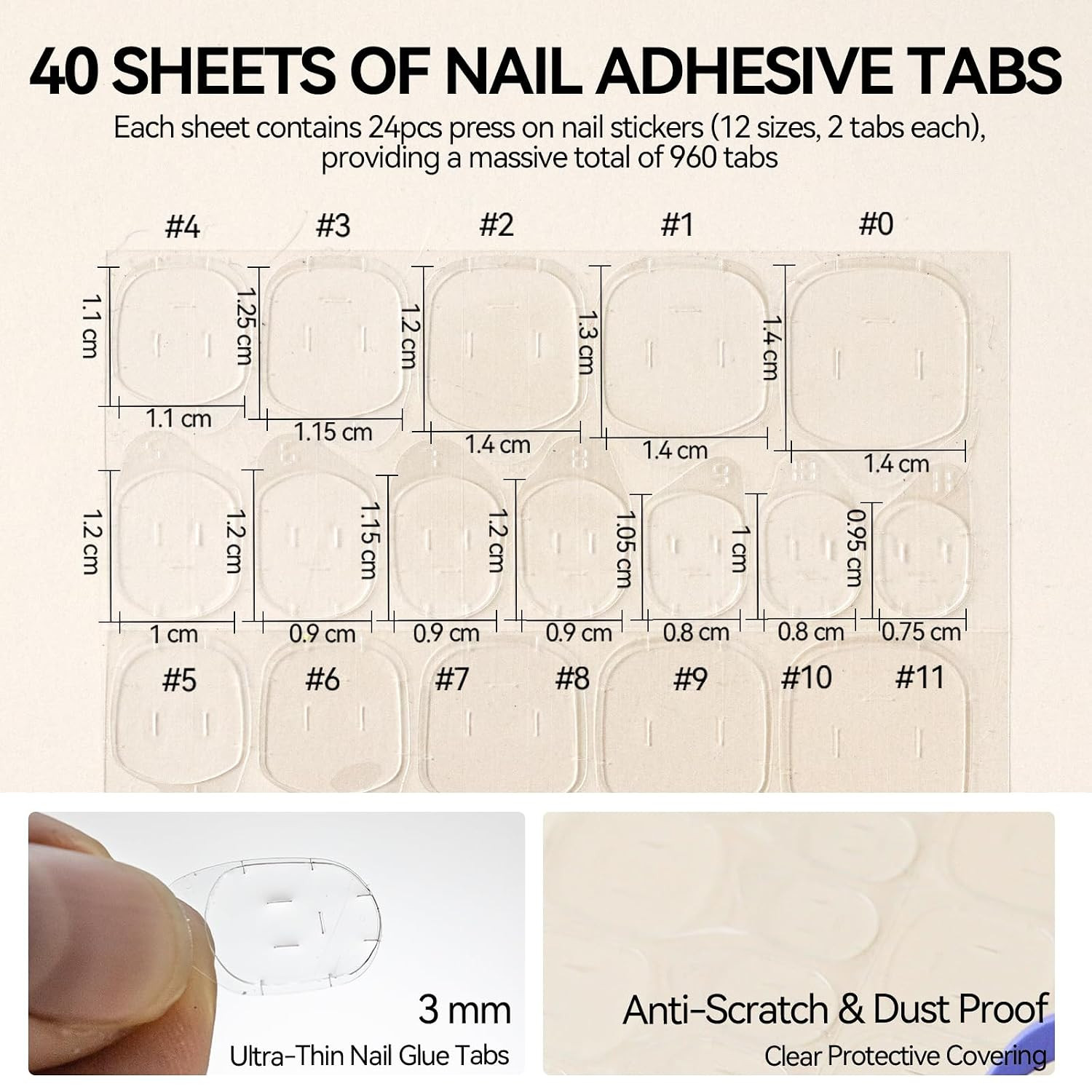 960 PCS Nail Adhesive Tabs for Press on 40 Sheets,12 Size Sticky Tabs for Fake