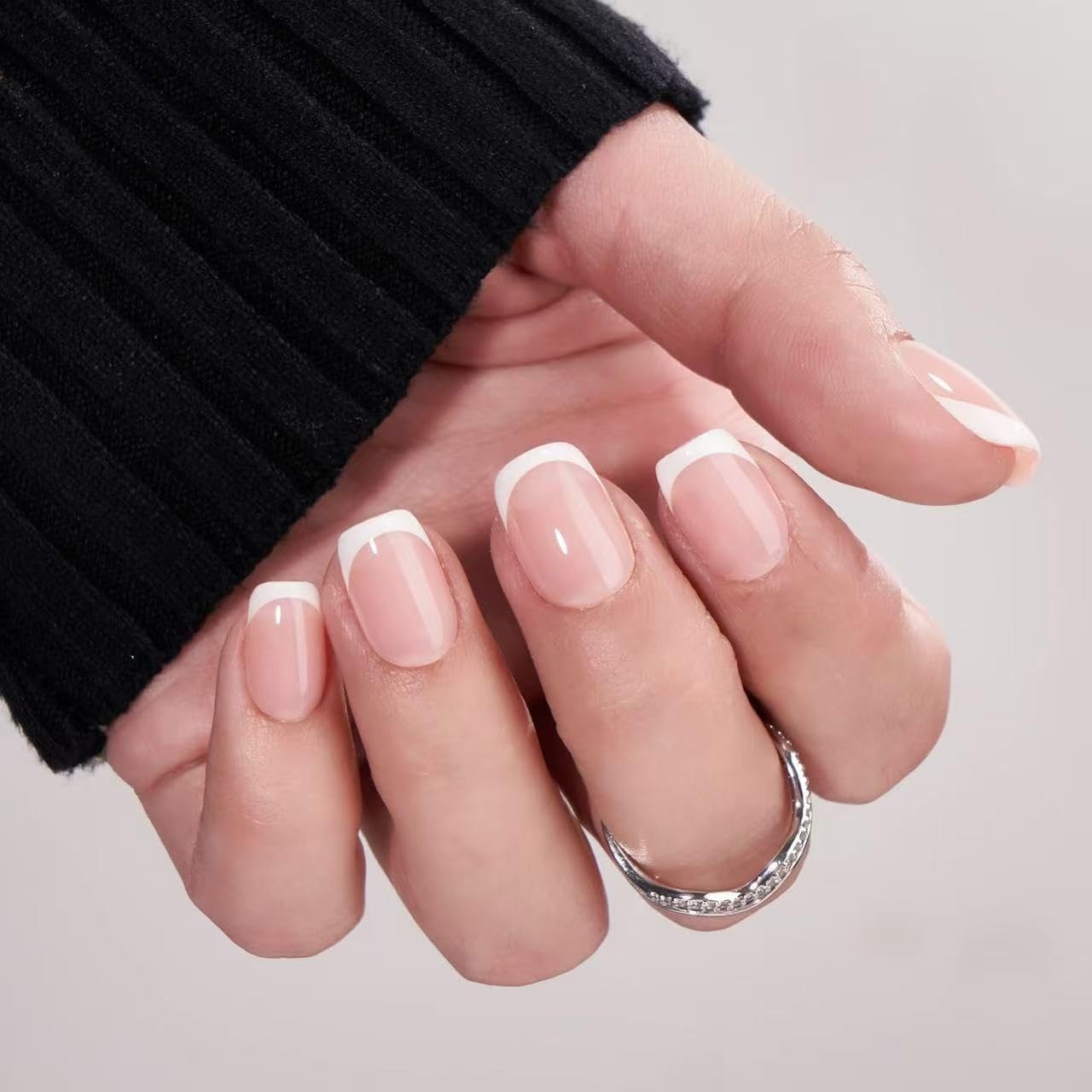 210 Pcs White French Nail Tips-Short Square Press On Nails Nude, Pre-Designed…