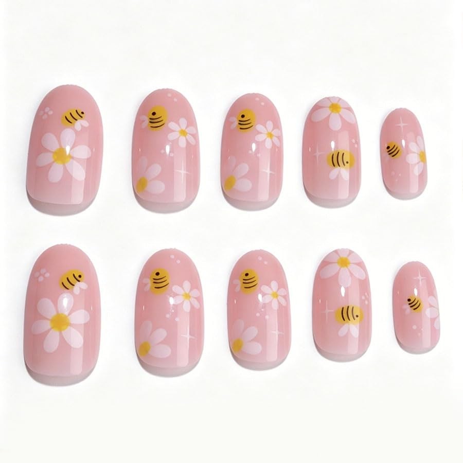 Flower Press on Nails with Cute Bee Flower Designs Spring Summer Floral Press…