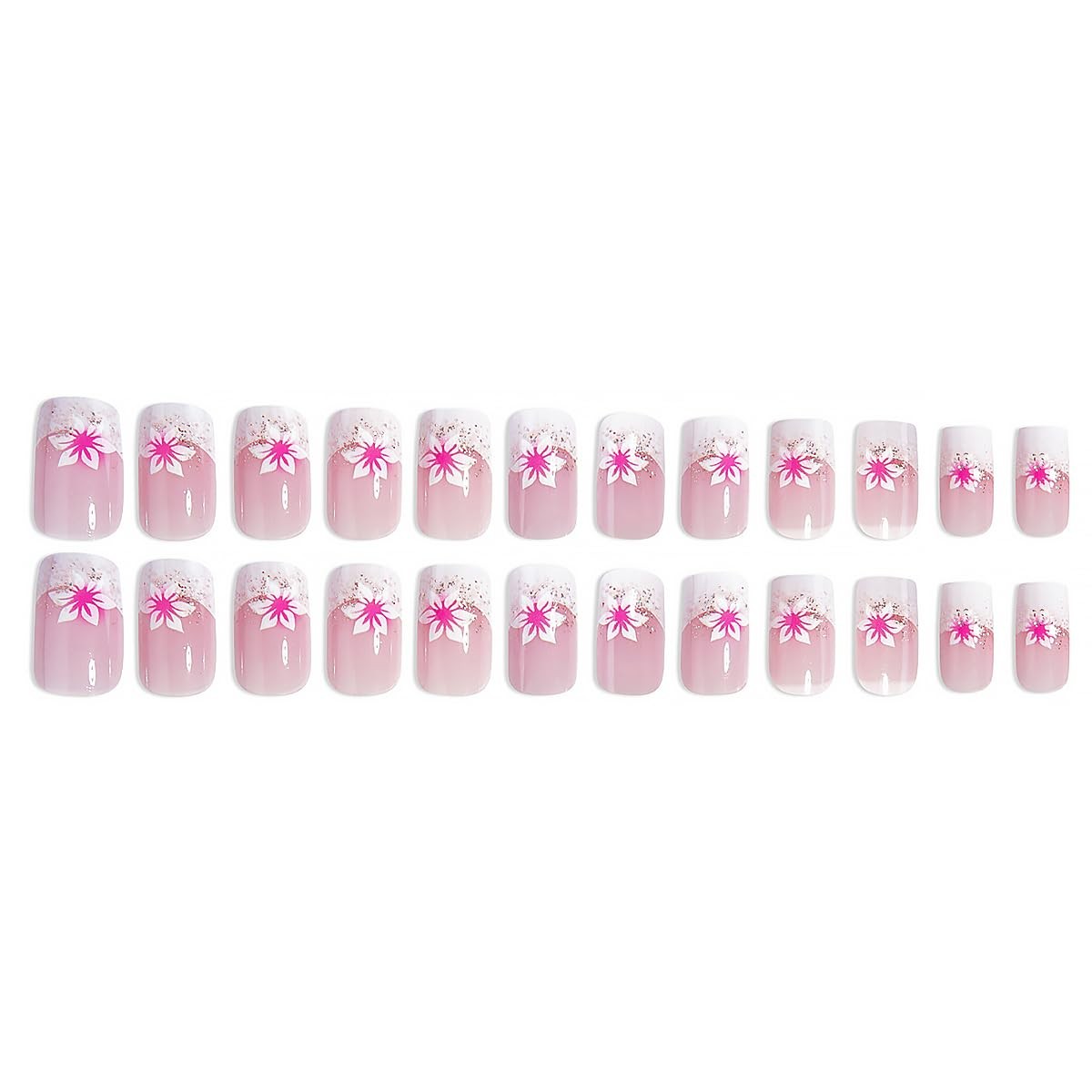 24pcs French Tip Press On Nails – Short Square Pink Flower Fake Multicolor