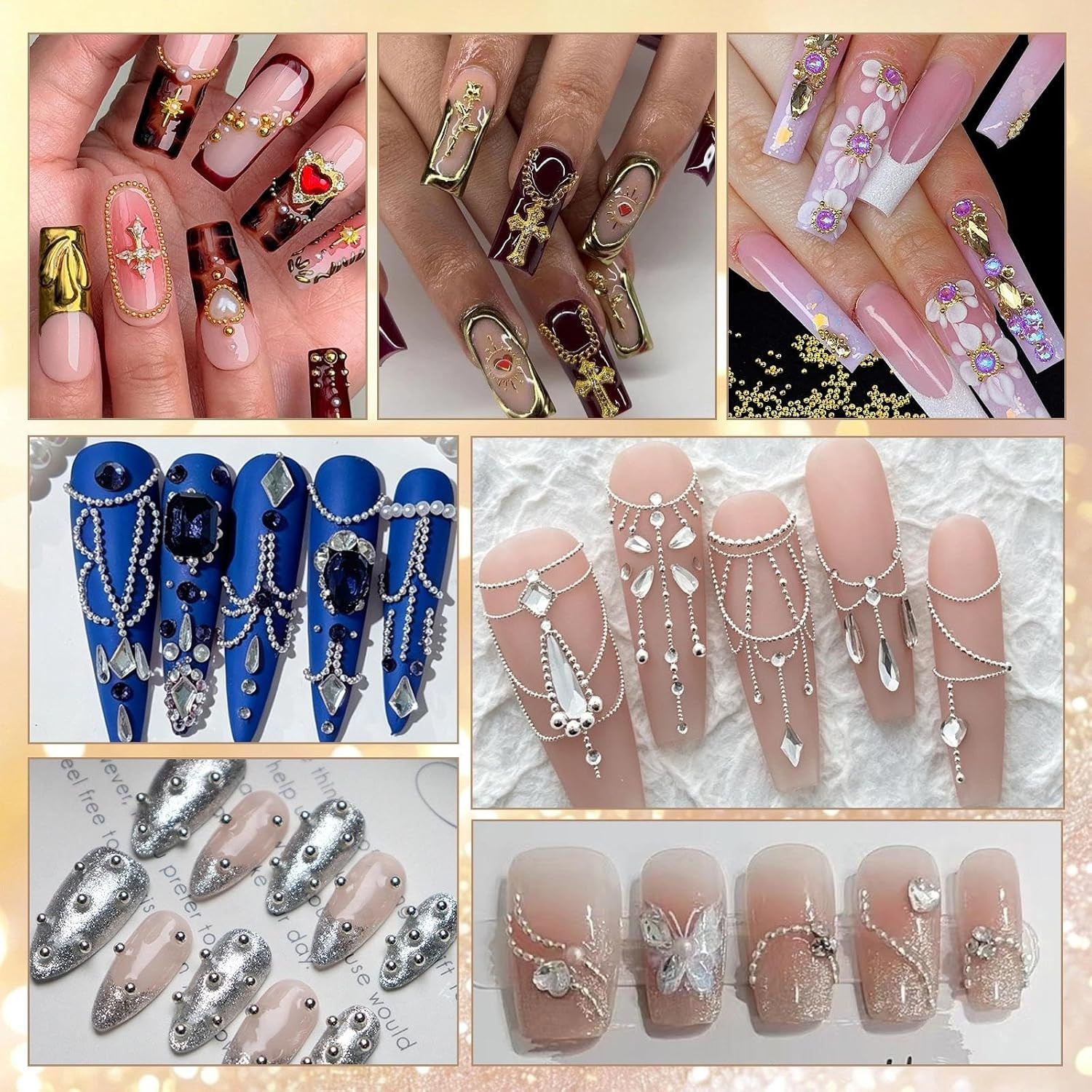 3 Boxes Caviar Metal Nail Beads, Gold Silver Nail Chains, Caviar Nail Beads | Mi