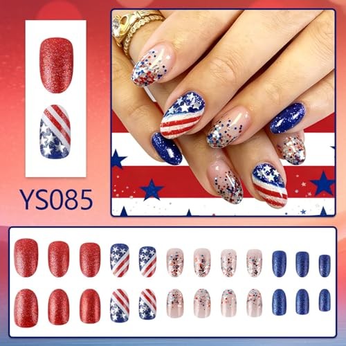 Oval Fake Nails 4th of July – Short Oval Nail – 3 Nails