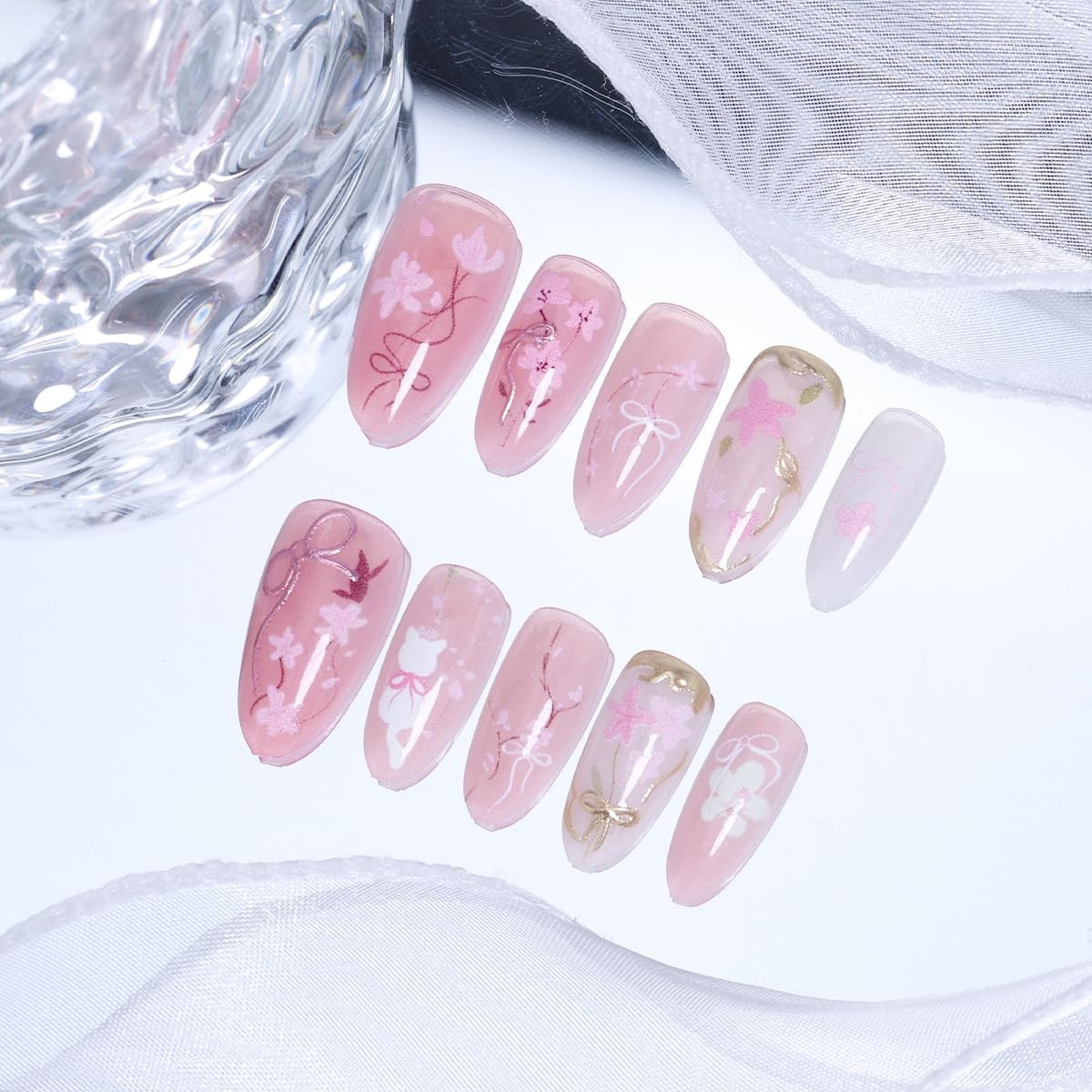 30Pcs Pink Flower Press on Nails – Gorgeous Almond Shape with Bow Design