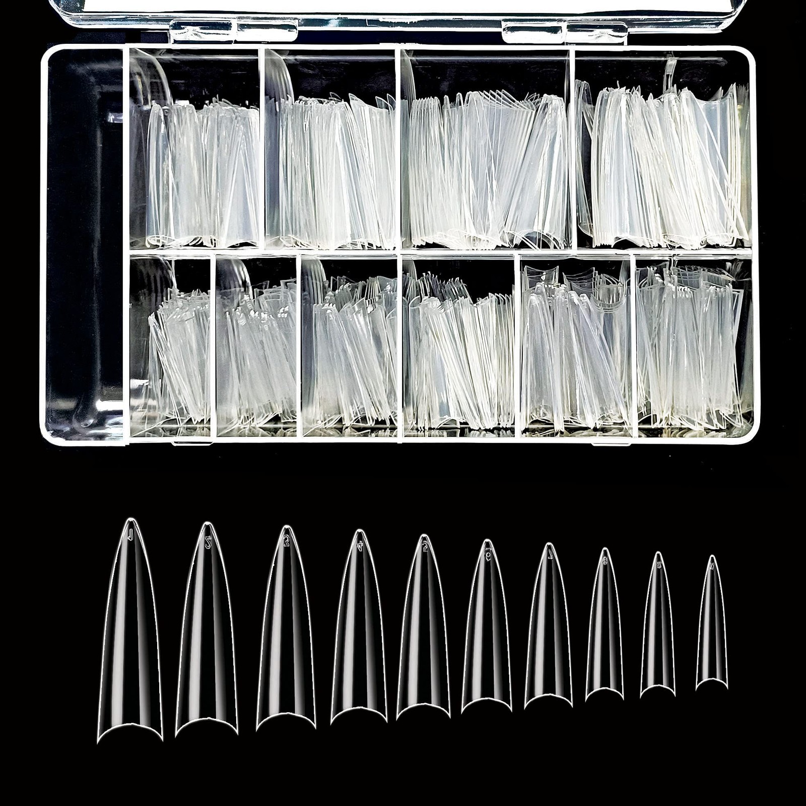 Acrylic Clear Extra Long Stiletto 500PCS 10 Sizes False Gel Nail With Plastic…