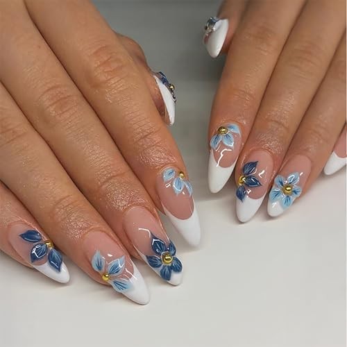 HOSAILY 3D Flower Press on Nails Medium Almond, Natural Nude 3D Blue Flower