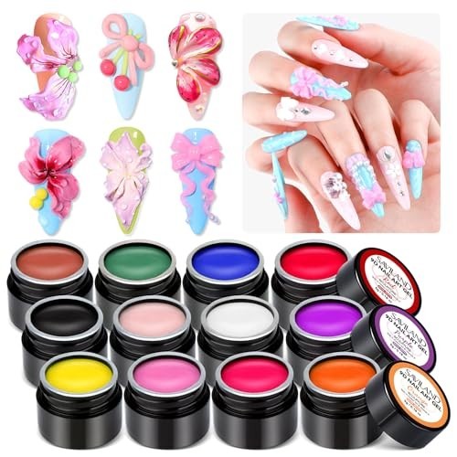 12 Colors 3D Nail Gel Set – Non-Sticky Soak Off Sculpting Gel for Nail Art DIY