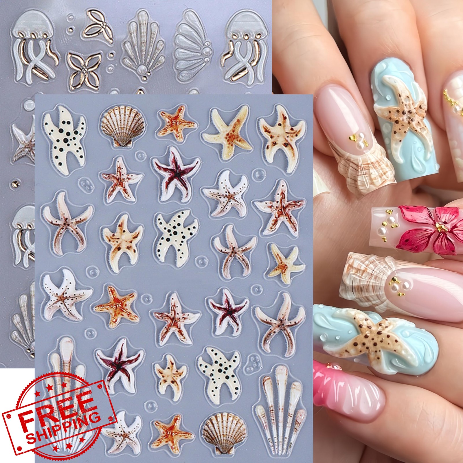 SHUXILIN 5D Ocean Life Nail Stickers Starfish Decals