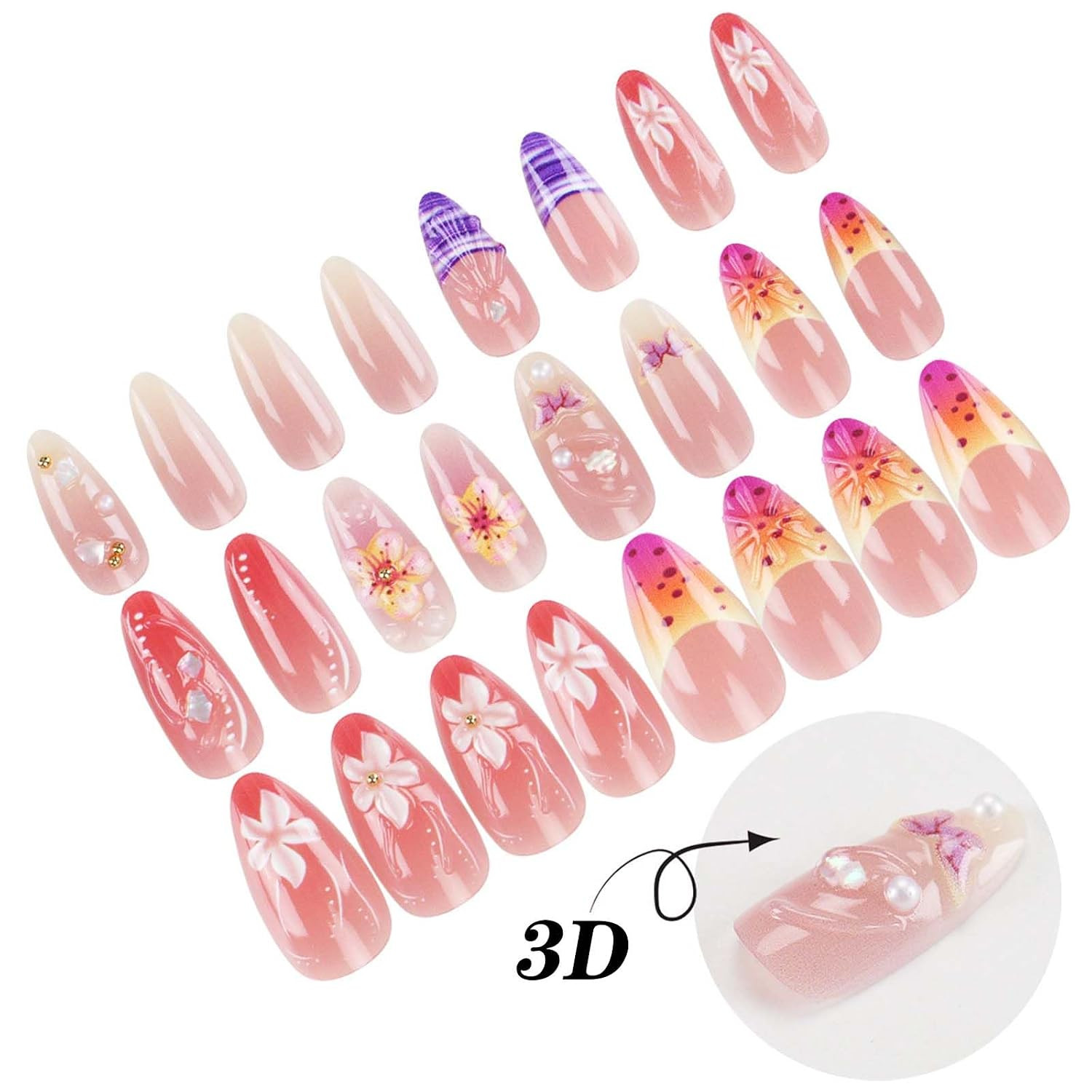 24Pcs Colorful Flower Press on Nails Medium Almond Fake Nails with 3D Butterfly