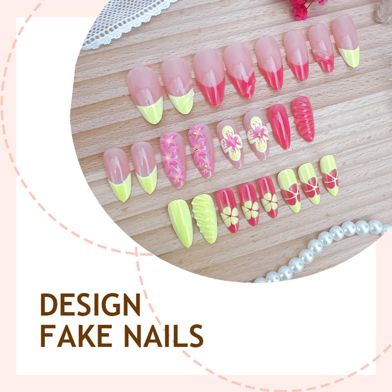 24Pcs Pink Press on Nails Medium Almond 3D French Tip Fake Nails with Gold Beads