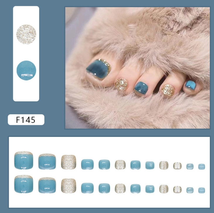 Detachable Toe Glue-On Fake Nail Glitter Gold Blue Color Gradient Pedciure 24pcs