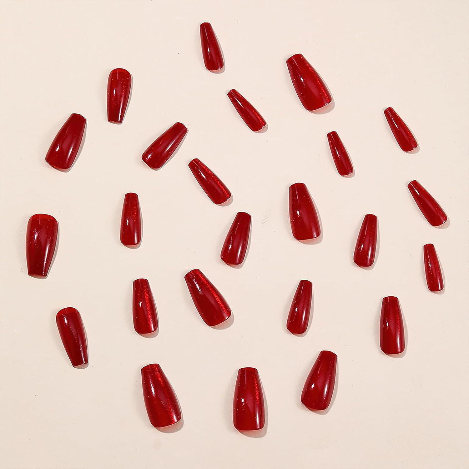 Wine Red Press on Nails Long Square Coffin Fake Nails Glossy Red Acrylic Nails S