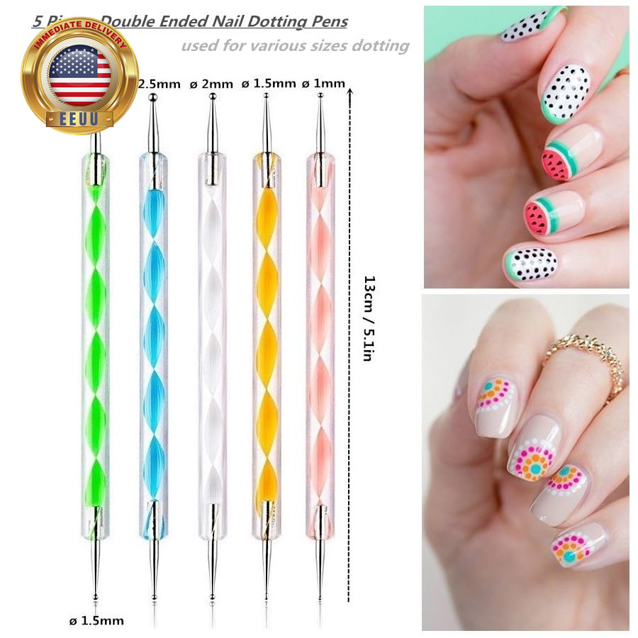 Nail Dotting Tools 10 Pcs Kit, 5 Pcs Double-End Nail Dotting Tools and 5 Pcs Nai