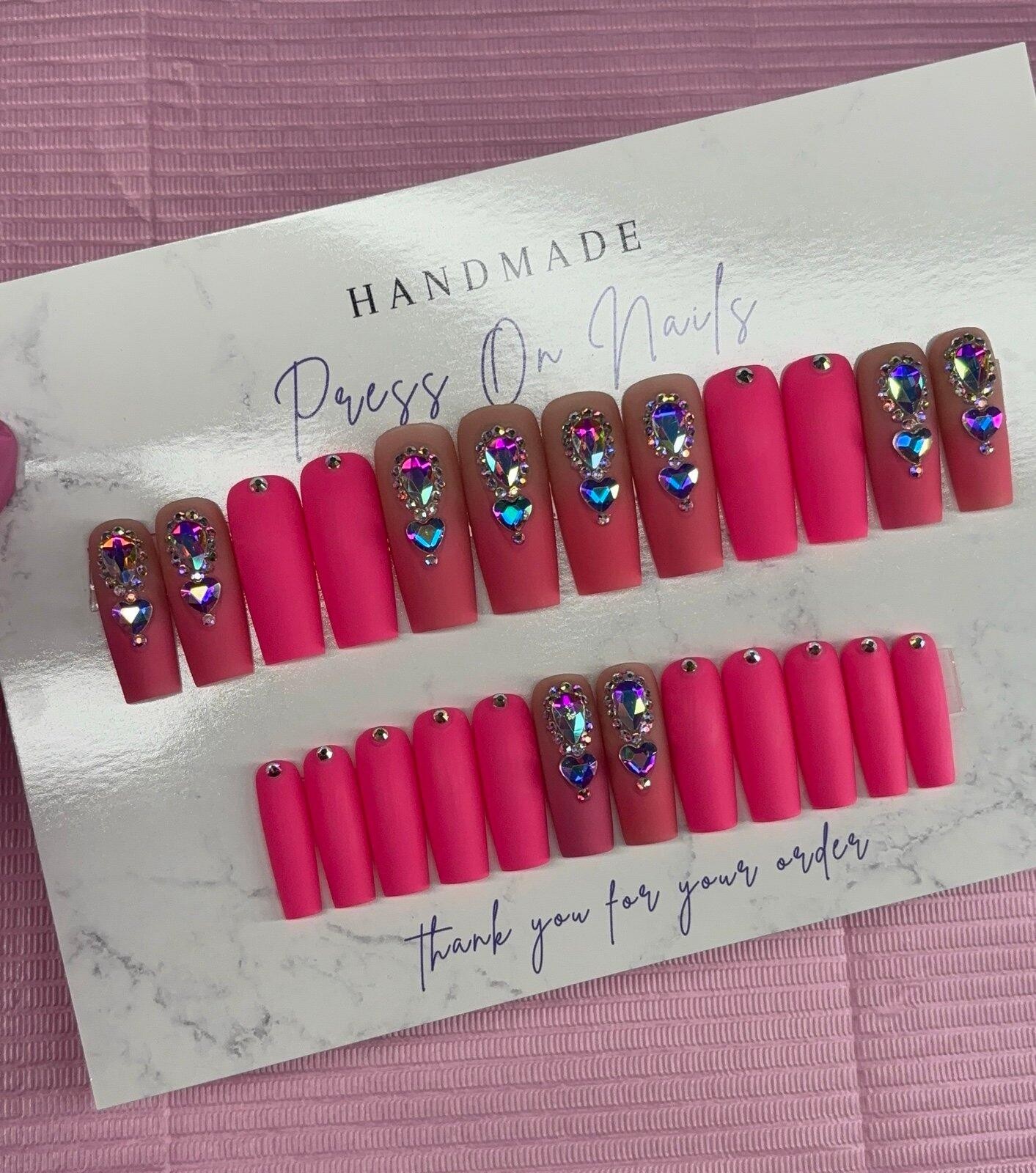 Long square Press on nails pink ombré rhinestones matte nude